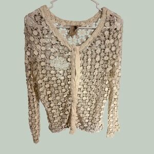 Black Sheep Ivory Crochet Cardigan Sweater Floral Lace Boho V-Neck Medium X0729